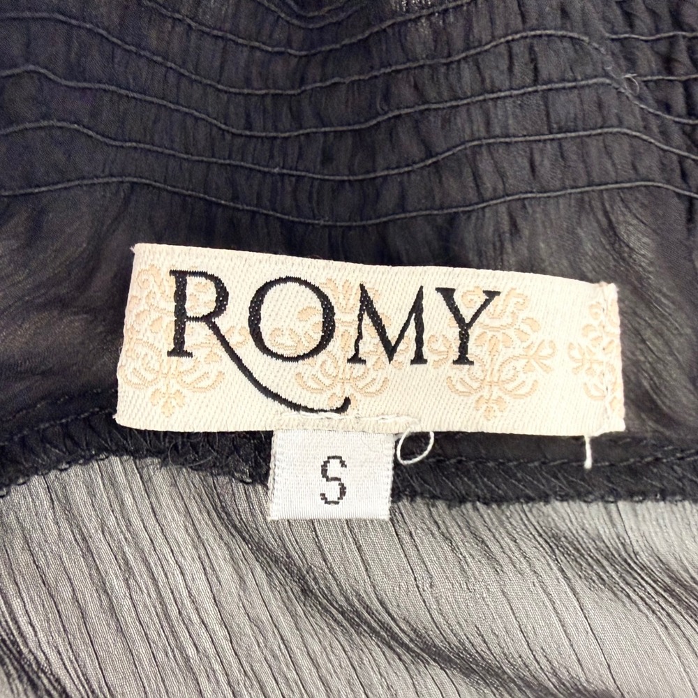 ROMY Romantic Sheer Chiffon Blouse Womens Small Black Sexy Ruffle Ribbon Tie - Picture 10 of 13